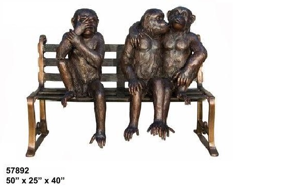 Bronze Three Monkeys On Bench - Click Image to Close